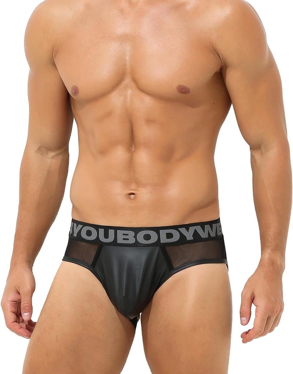 Jockbrief ouvert zwart - mesh look - transparant faux leer - comfortabele thong voor mannen - ShopVlot