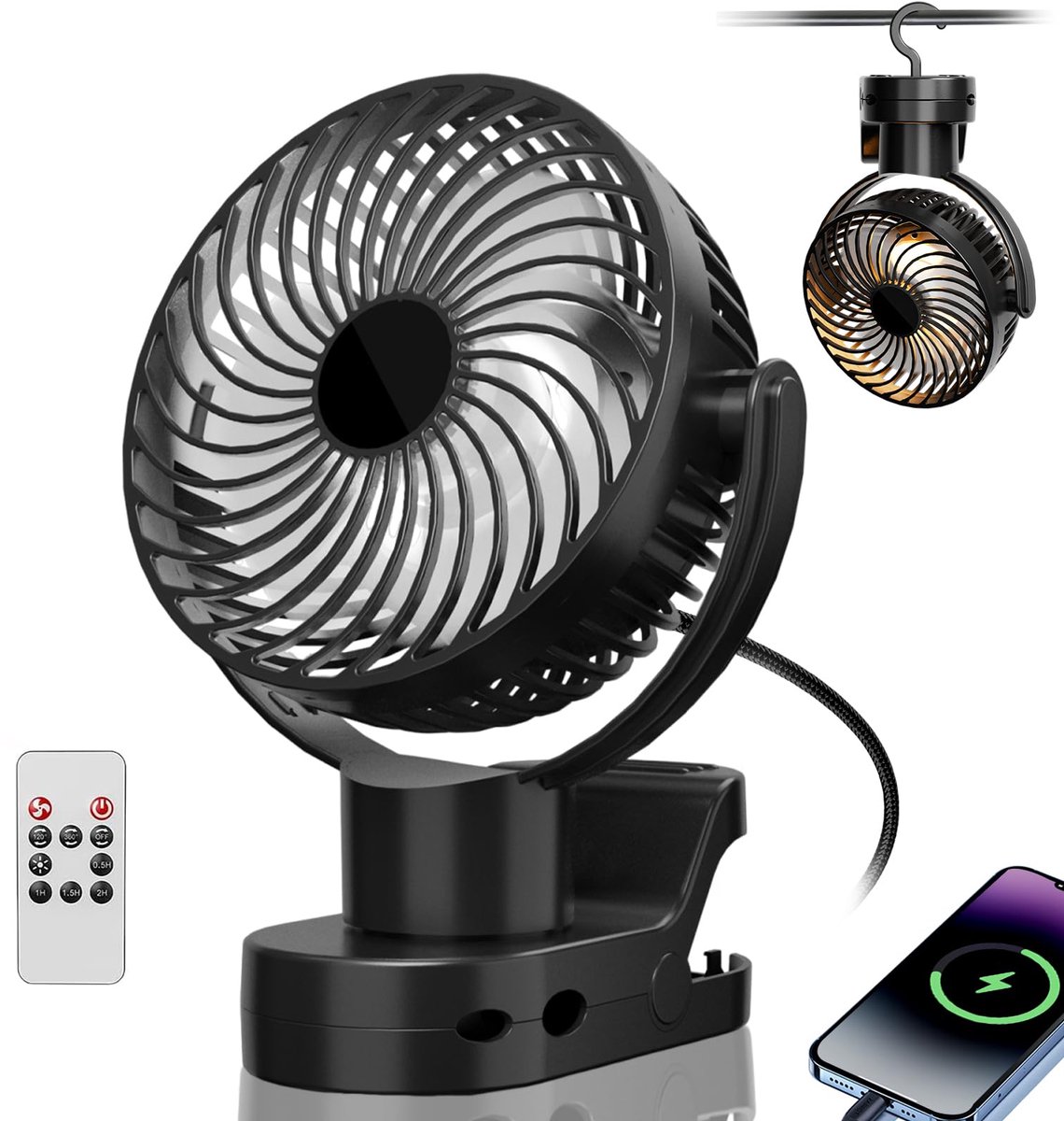 Gemmac mini USB ventilator met clip en hangen.8000mAh oplaadbare 360 ° rotatie ultra-stille ventilator,4 snelheden met - ShopVlot
