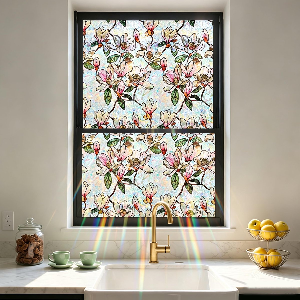 Anti inkijk raamfolie zonwerend - glas in lood bloemen - statisch - beschermt privacy - ShopVlot