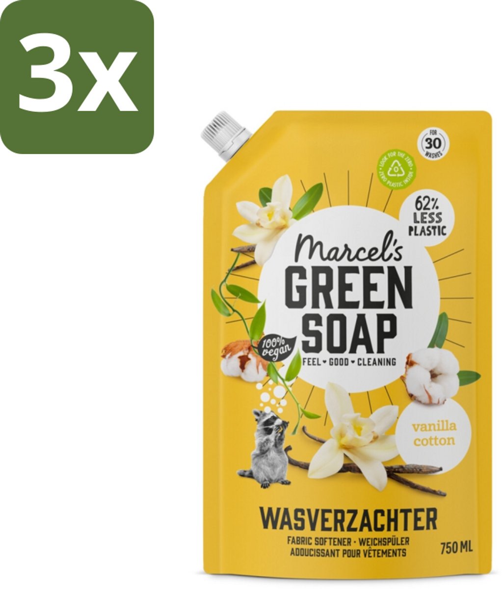 Marcel's Green Soap - Wasverzachter - Navulling - Katoen & Vanille - Zachte frisheid- 30 Wasbeurten - 750 ml - Bulkverpakking - 3 stuks