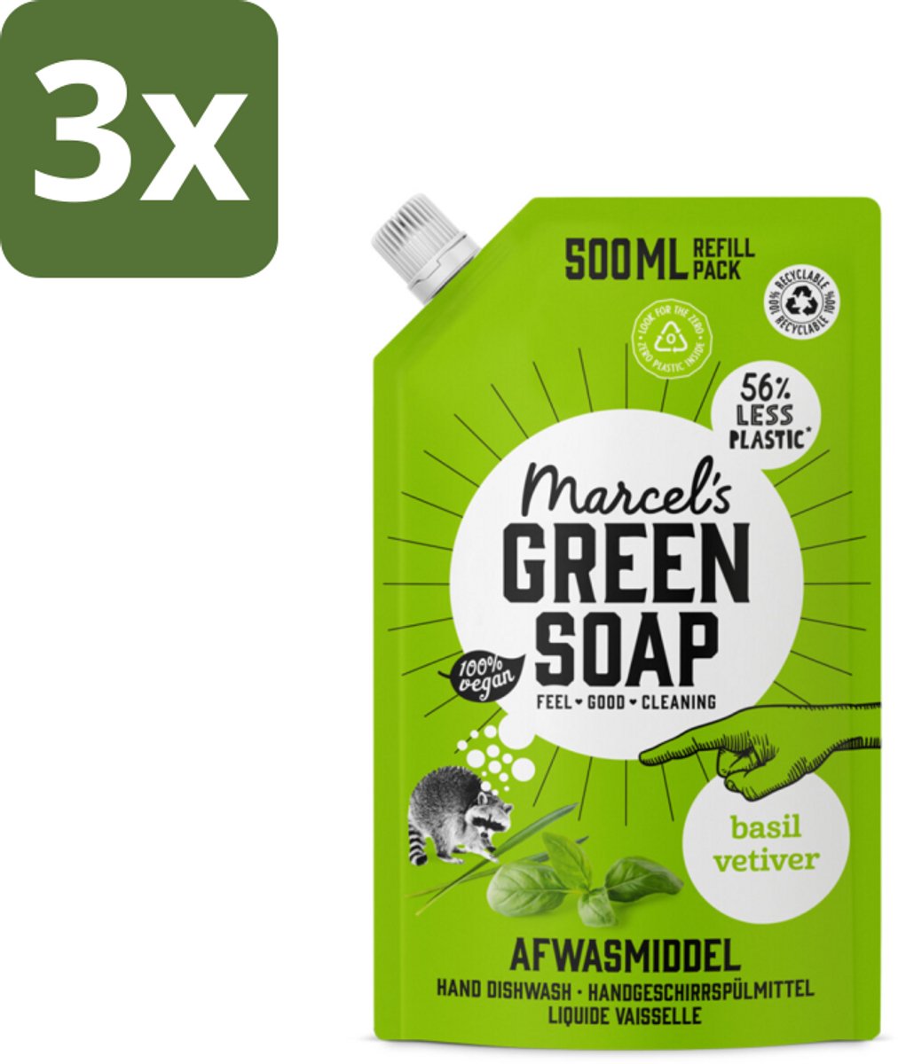 Marcel's Green Soap - Navulling - Afwasmiddel - Basilicum & Vetiver Gras - Plantaardig & duurzaam - 500 ml - Bulkverpakking - 3 stuks