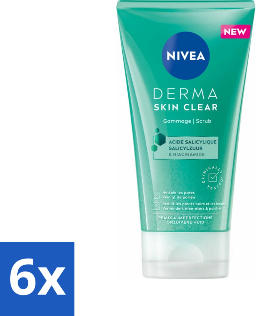NIVEA - Gezichtsscrub - DERMA Huidzuiver - Voor onzuivere huid - Met Salicylzuur (AHA) & Niacinamide - Tegen Acne & Mee-eters - 150 ml - Voordeelverpakking - 6 stuks