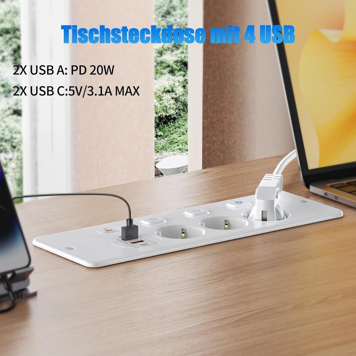 Tafelblad Inbouwstopcontact - Wit - 2 m Kabel - Met 3 Stopcontacten en 4 USB-poorten - Voor Thuis en Kantoor