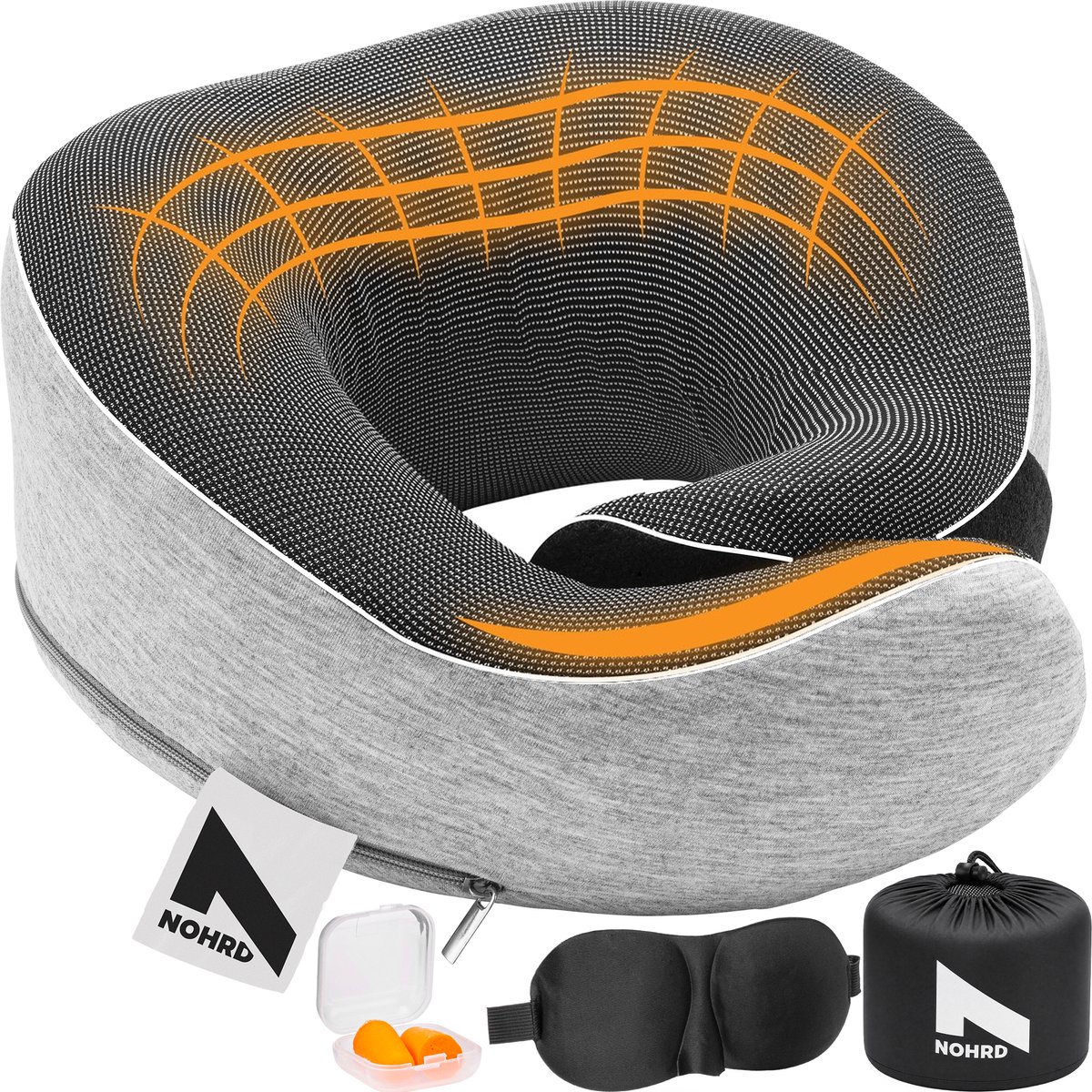 Bol.com NOHRD Nekkussen Vliegtuig - Reiskussen - Grijs - Memory Foam - Incl. Oordopjes, Slaapmasker & Draagtas - Traagschuim - N... aanbieding
