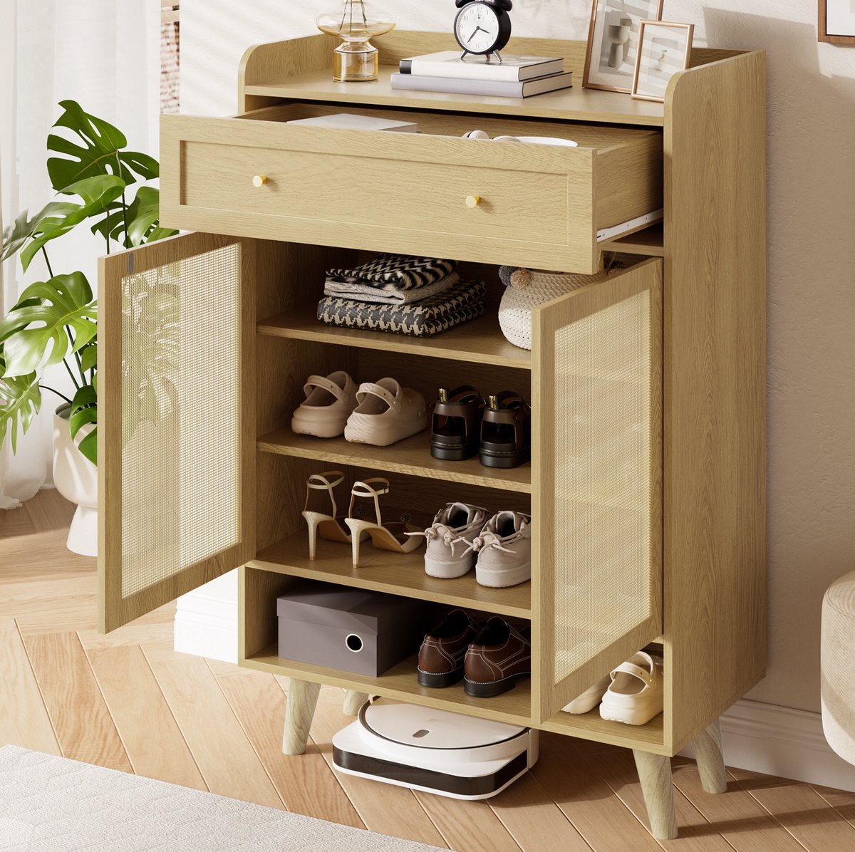 Hauss Spole Schoenenkast Met 2 Deuren 1 Lade En Verstelbare Planken Open Opbergvak Voor Hal En Woonkamer Licht Eiken 80 X 105 X 35 Cm