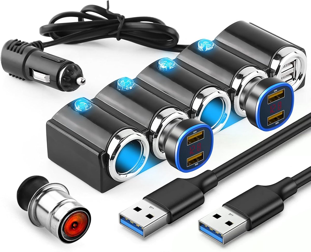 4-weg Autolader Sigarettenaansteker Splitter Power Adapter Met Multi Socket Dual USB 12V-24V Plug Charger - ShopVlot