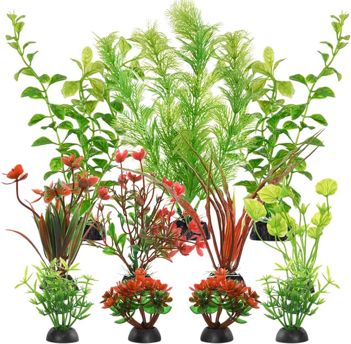 Aquariumplanten decoratie, 11 stuks aquarium kunstplanten, decoratie, rood groen plastic planten, aquariumdecoratie - ShopVlot
