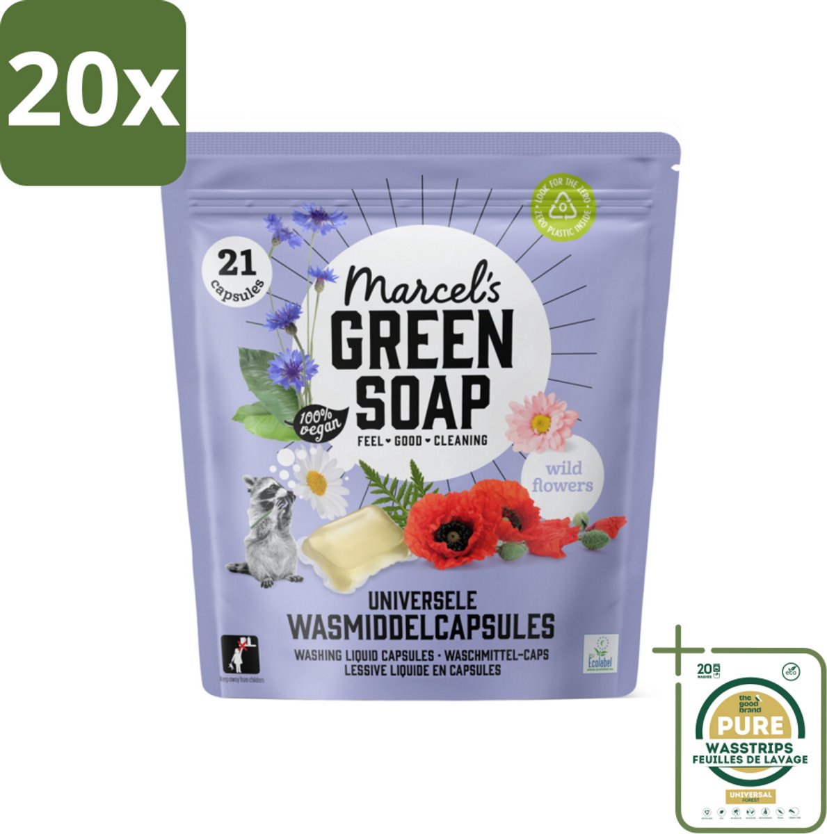 20 x Marcel's Green Soap - Wascapsules - Wilde Bloemen - Gemak in één dosis - 21 Capsules - Grootverpakking - Wascapsules - Wasmiddel - Natuurlijke Geur - Vegan Wasmiddel - Milieuvriendelijk Wasmiddel