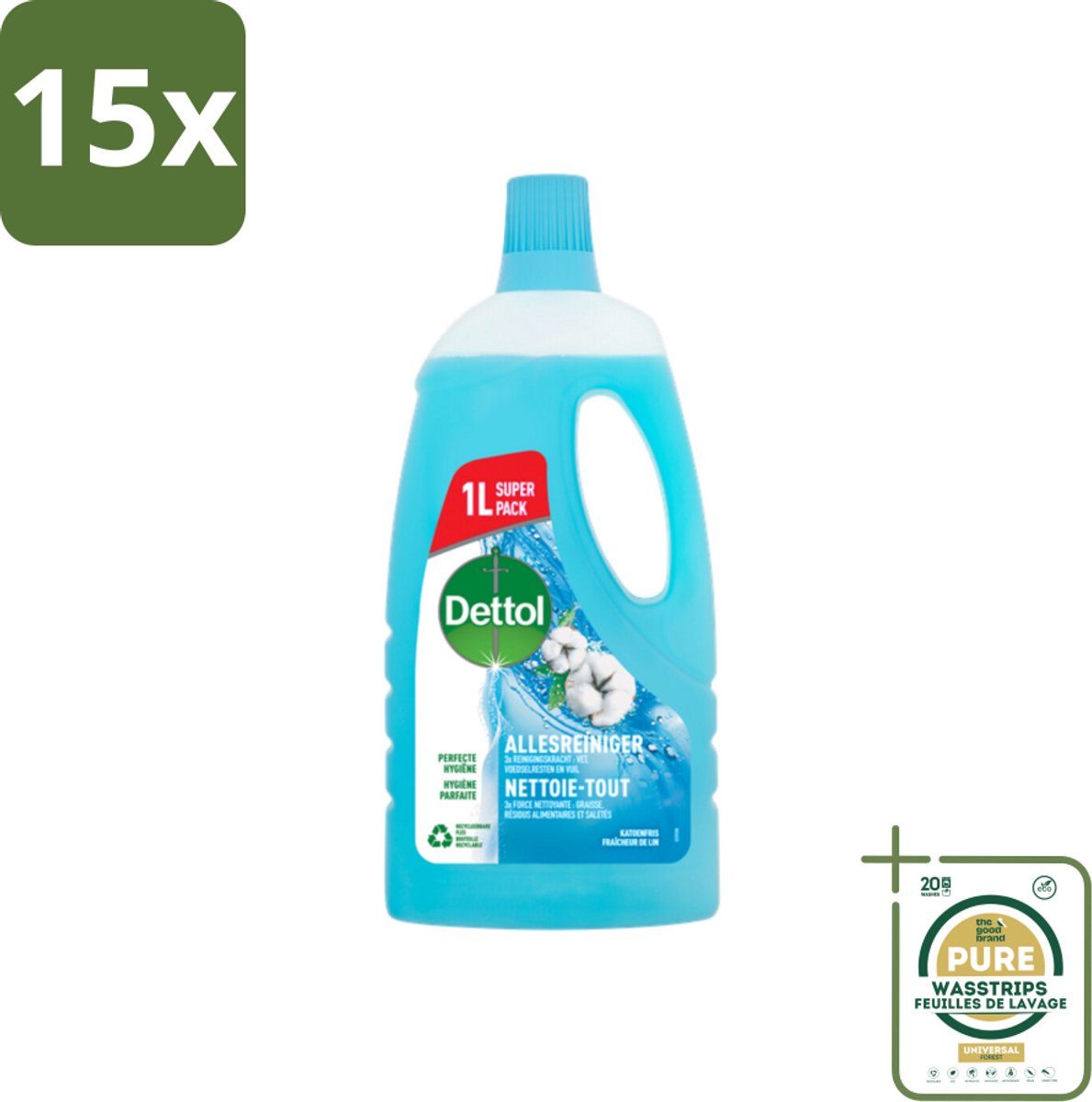 15 x Dettol - Allesreiniger - Power & Fresh - Katoenfris - 1 liter - Grootverpakking - Allesreiniger - Hygiëne - Reiniging - Vet Verwijderen - Voedselresten Verwijderen