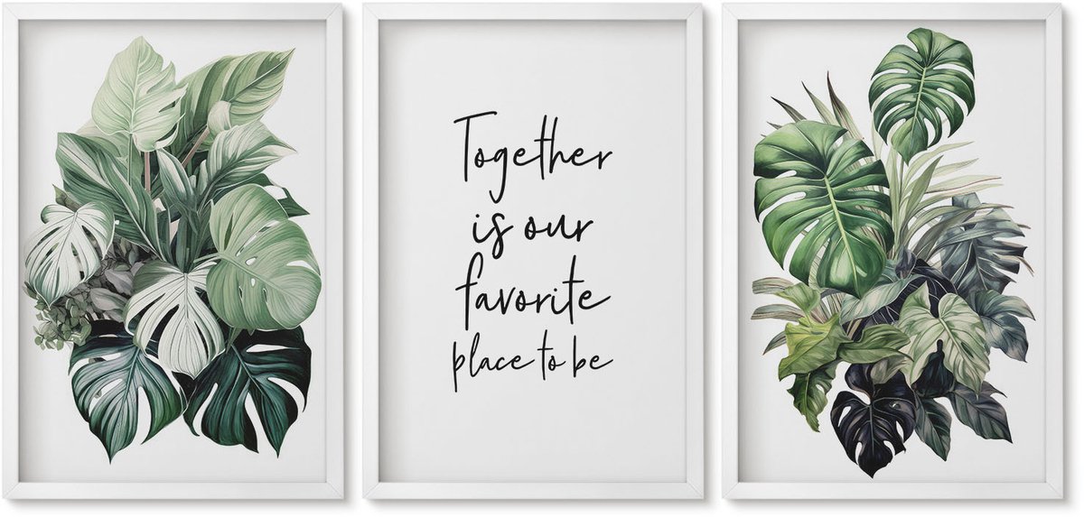 Wallfluent 3-Delige Schilderij Set - Groene Bladeren Van Tropische Planten Met Decoratieve Inscriptie - 40 x 60 - Wanddecoratie - Muurdecoratie - Woonkamer