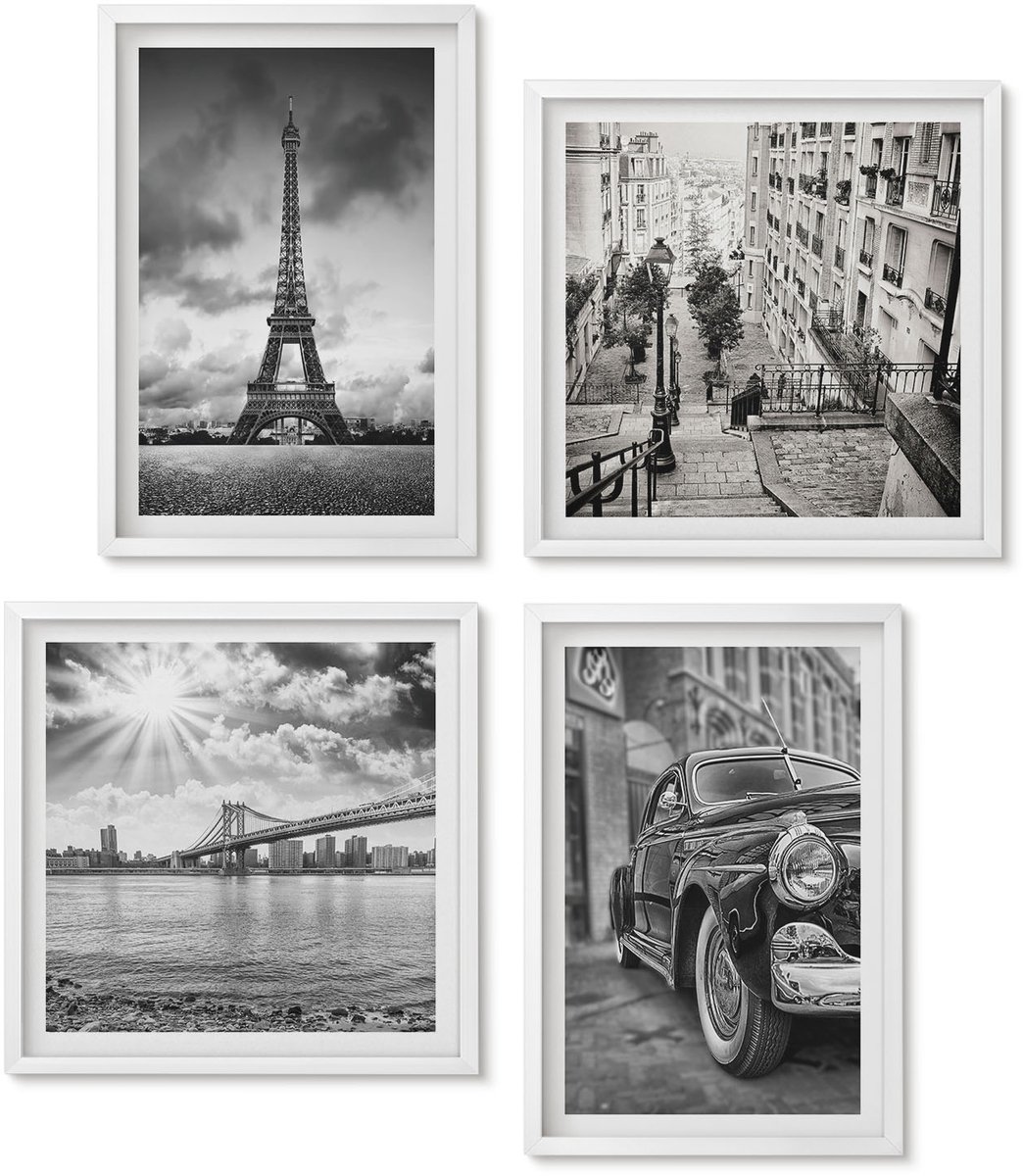 Wallfluent 4-Delige Schilderij Set - Stadsgezichten Bruggen Eiffeltoren Klassieke Auto - 40 x 40 En 40 x 60 - Muurdecoratie - Wanddecoratie - Hal - Decoratieve Schilderijen