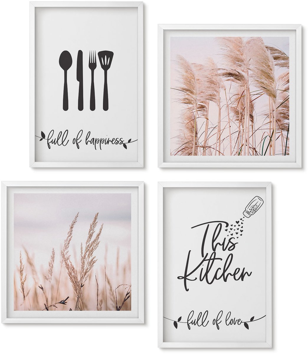 Wallfluent 4-Delige Schilderij Set - Keukenbelettering Delicate Boho Grassen - 40 x 40 En 40 x 60 - Muurdecoratie - Interieur Decoratie - Wanddecoratie