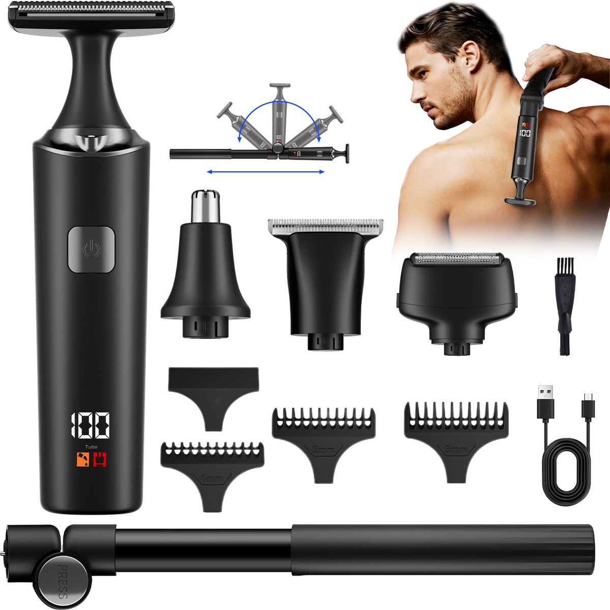 carmdering - Lichaamstrimmer Set -Rugscheerapparaat voor Mannen - Rugtrimmer - Bodygroomer - Elektrisch Scheerapparaat - Draadloos Oplaadbaar - Nat en Droog Scheren - Uitschuifbare Steel
