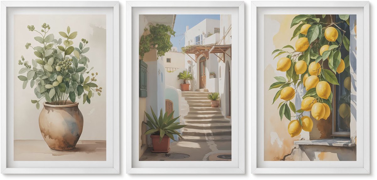 Wallfluent 3-Delige Schilderij Set - Potplanten En Citroenen Tegen De Achtergrond Van Een Straat. - 40 x 60 - Wanddecoratie - Woonkamer Decoratie - Muurdecoratie