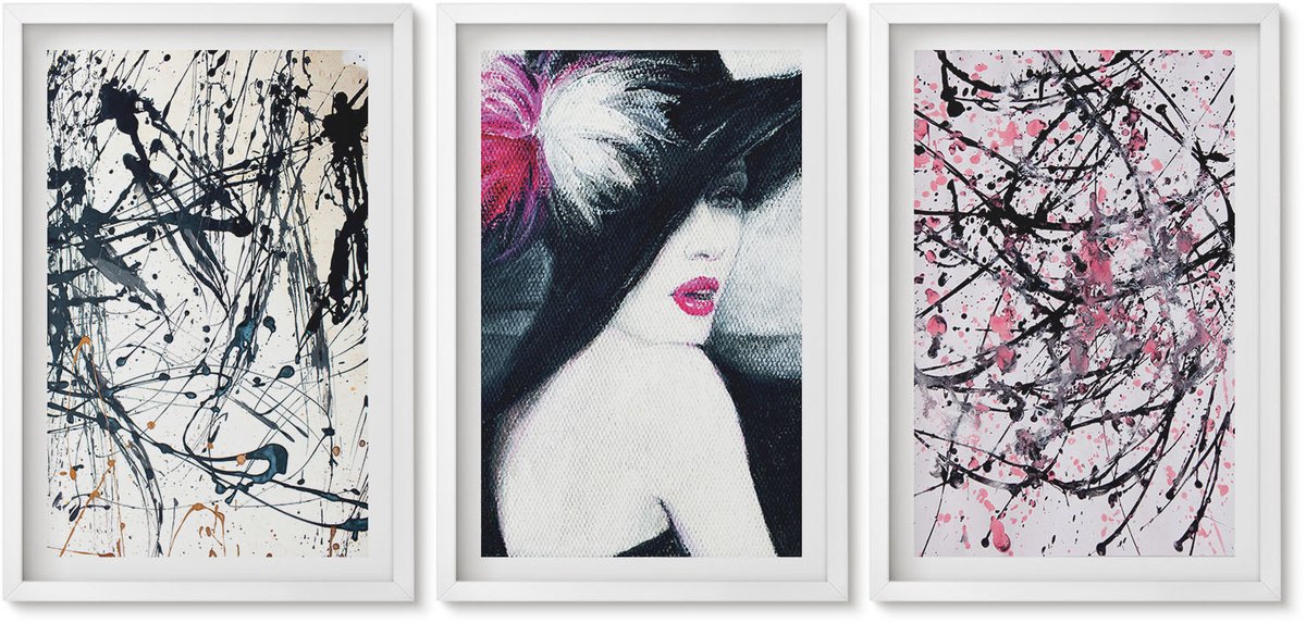 Wallfluent 3-Delige Schilderij Set - Abstracte Verfpatronen Vrouw Met Hoed - 40 x 60 - Stijlvolle Muurdecoratie - Kantoor
