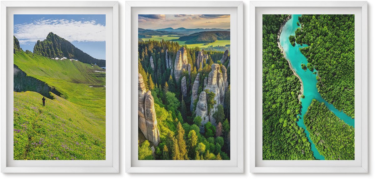 Wallfluent 3-Delige Schilderij Set - Groene Berglandschappen Met Rivier En Rotsen - 40 x 60 - Stijlvolle Wanddecoratie - Interieur - Interieur Decoratie