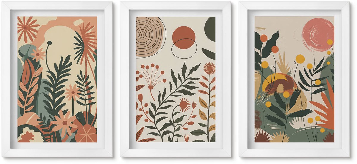 Wallfluent 3-Delige Schilderij Set - Vintage Bloemenpatronen In Pasteltinten - 20 x 30 - Stijlvolle Wanddecoratie - Interieur - Muurdecoratie
