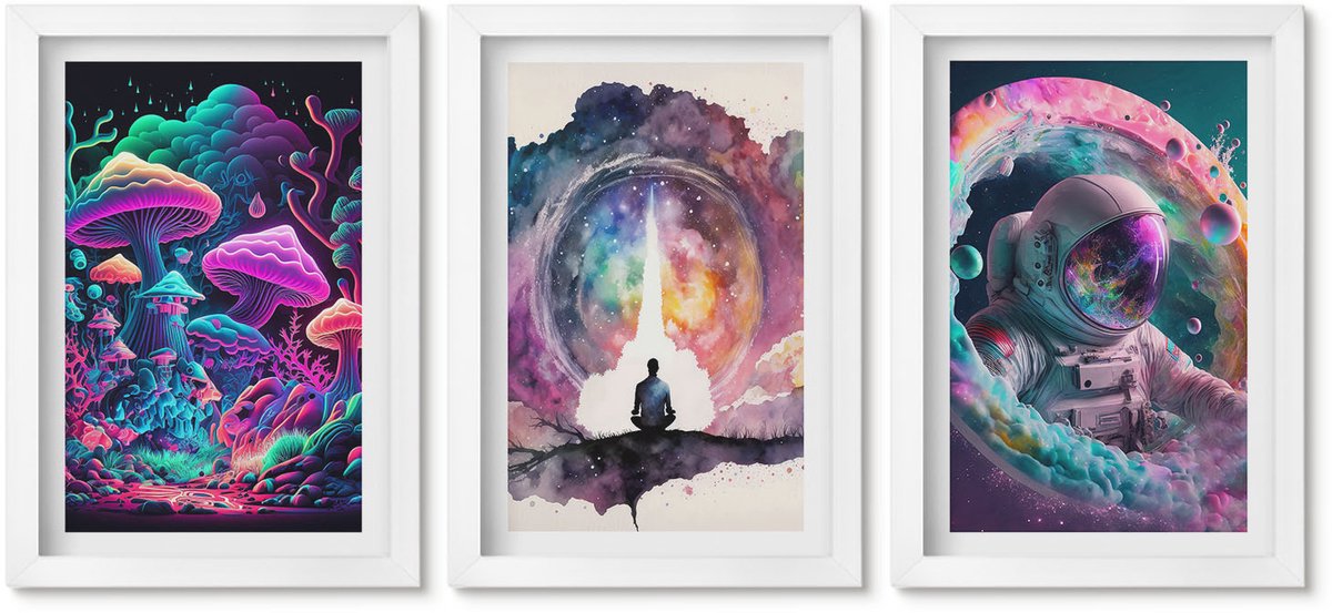 Wallfluent 3-Delige Schilderij Set - Kleurrijke Fantasiekunstillustraties - 20 x 30 - Stijlvolle Muurdecoratie - Slaapkamer - Interieur Decoratie
