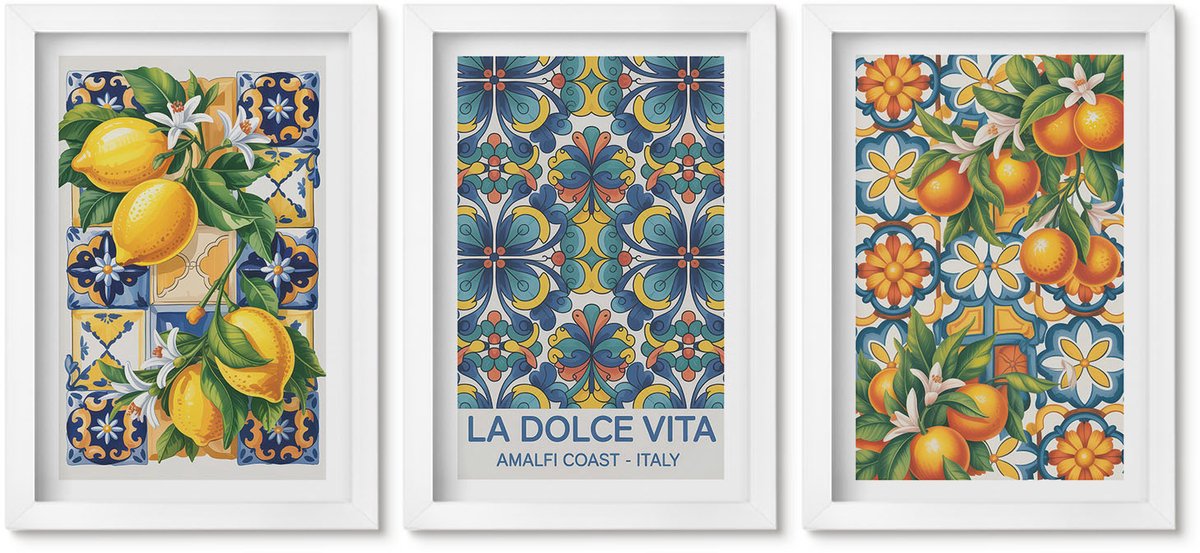 Wallfluent 3-Delige Schilderij Set - Citroen- En Sinaasappelbloemen In Kleurrijke Patronen - 20 x 30 - Wanddecoratie - Muurdecoratie - Woonkamer - Moderne Wanddecoratie