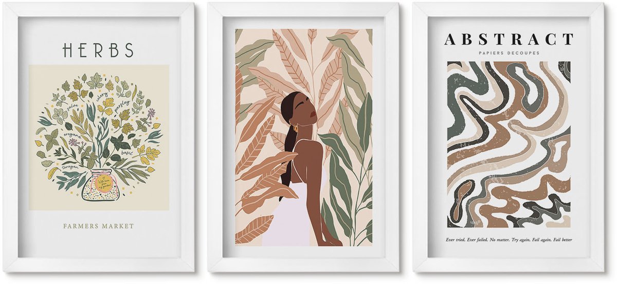Wallfluent 3-Delige Schilderij Set - Boho-Esthetiek, Pastelkleurige Minimalistische Posters - 20 x 30 - Schilderijen Set - Wanddecoratie - Woonkamer - Woonkamer Decoratie
