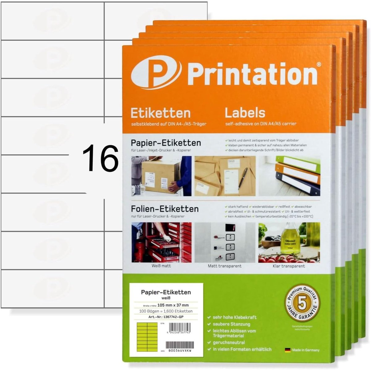Printation Labels 105 x 37 mm - 8000 Stickers on 500 Sheets DIN A4-2x8 16 105x37 Universal Labels Blank White - ShopVlot