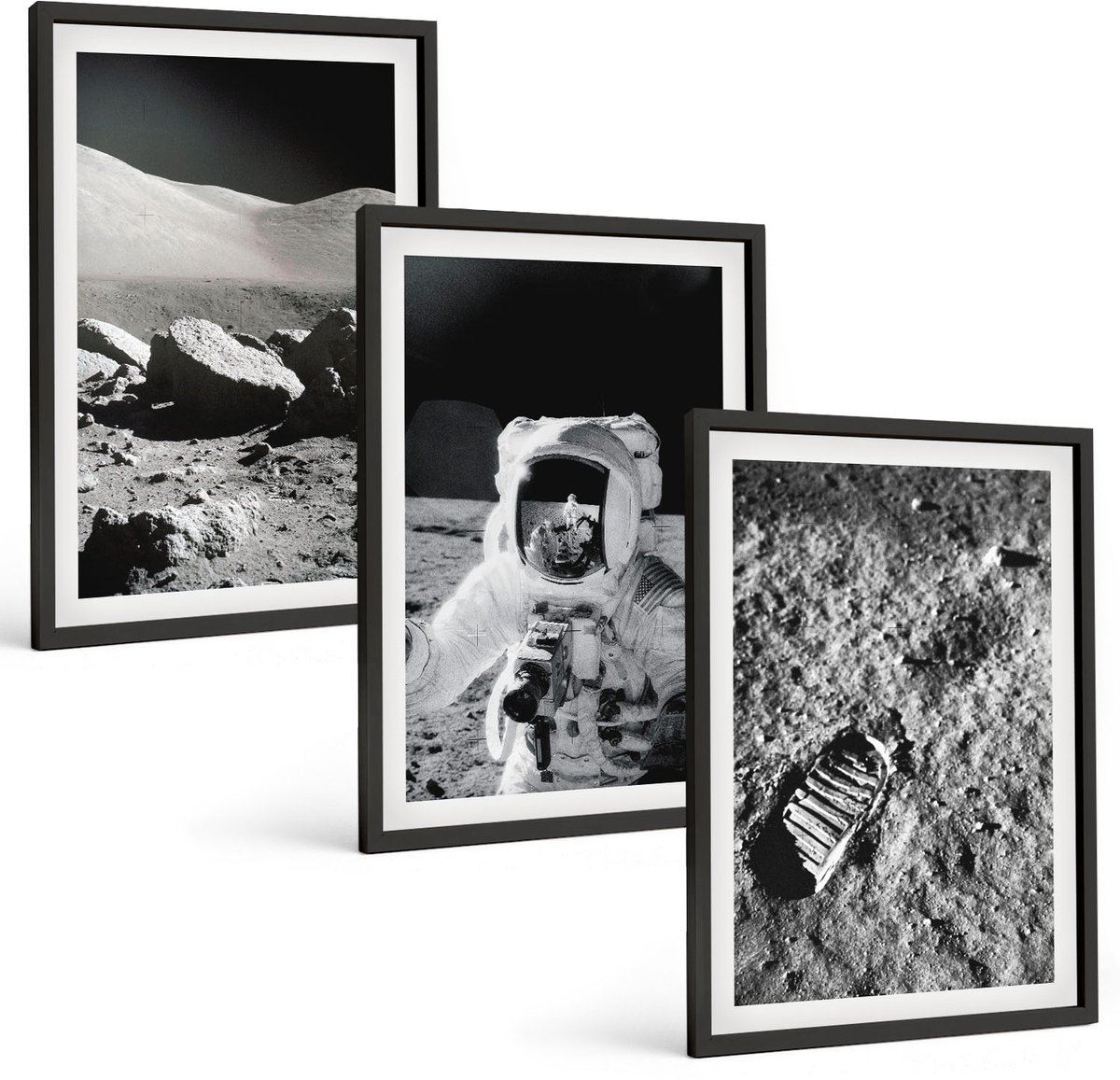 Tulup 4-Delige Schilderij Set - Maanfoto's met astronaut en voetafdruk - 40 x 60 cm - Wanddecoratie - Schilderijen Set - Kantoor - Interieur Decoratie