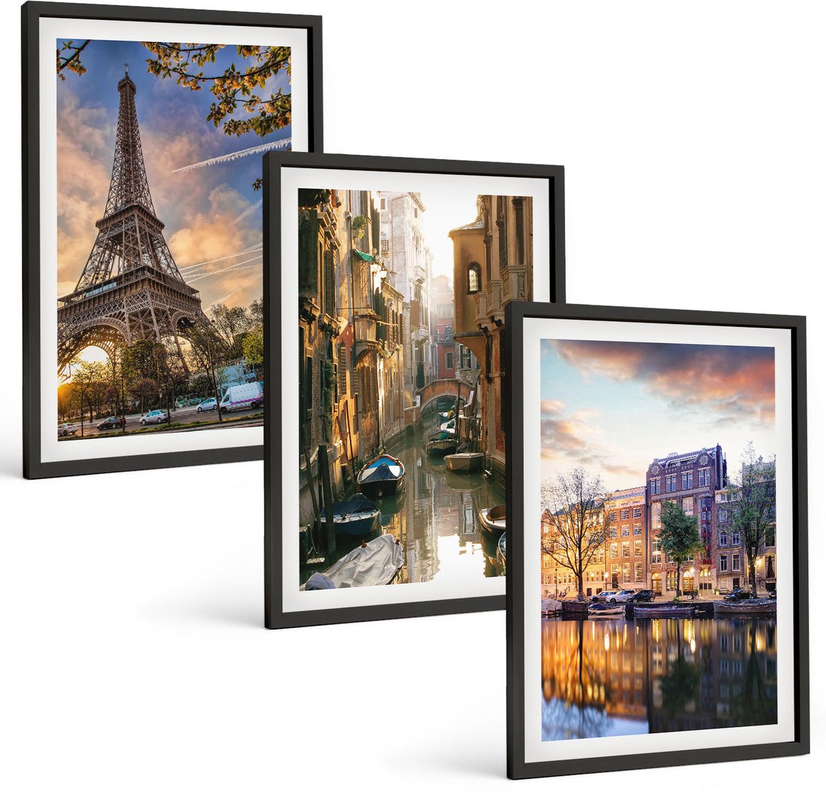 Tulup 4-Delige Schilderij Set - De Eiffeltoren, de grachten van Venetië en de straten van Amsterdam. - 40 x 60 cm - Muurdecoratie - Decoratieve Schilderijen - Wohnzimmer - Moderne Wanddecoratie