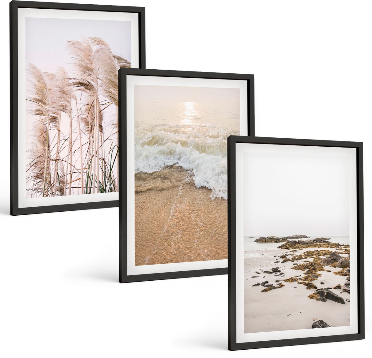 Tulup 4-Delige Schilderij Set - Strandgras, golven en zeestenen, boho - 40 x 60 cm - Muurdecoratie - Interieur Decoratie - Moderne Wanddecoratie