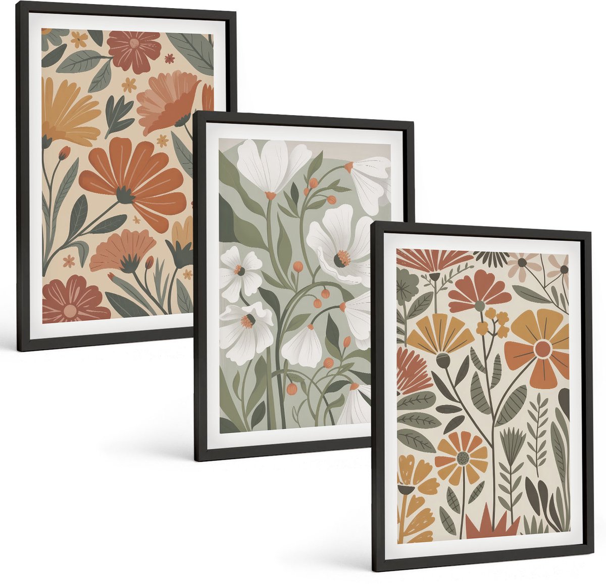 Tulup 4-Delige Schilderij Set - Bloemenpatronen in oranje en groene tinten. - 40 x 60 cm - Stijlvolle Muurdecoratie - Kantoor