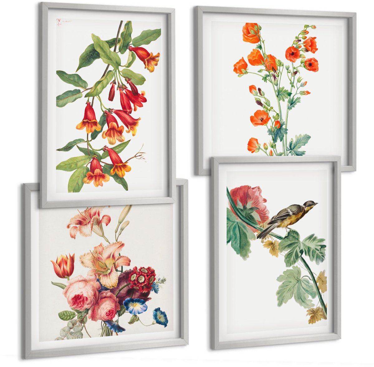TULUP 4-Delige Schilderij Set - Geschilderde retro bloemen en een vogel op een tak - 40 x 40 cm en 40 x 60 cm - Wanddecoratie - Muurdecoratie - Woonkamer - Decoratieve Schilderijen Zilveren lijst
