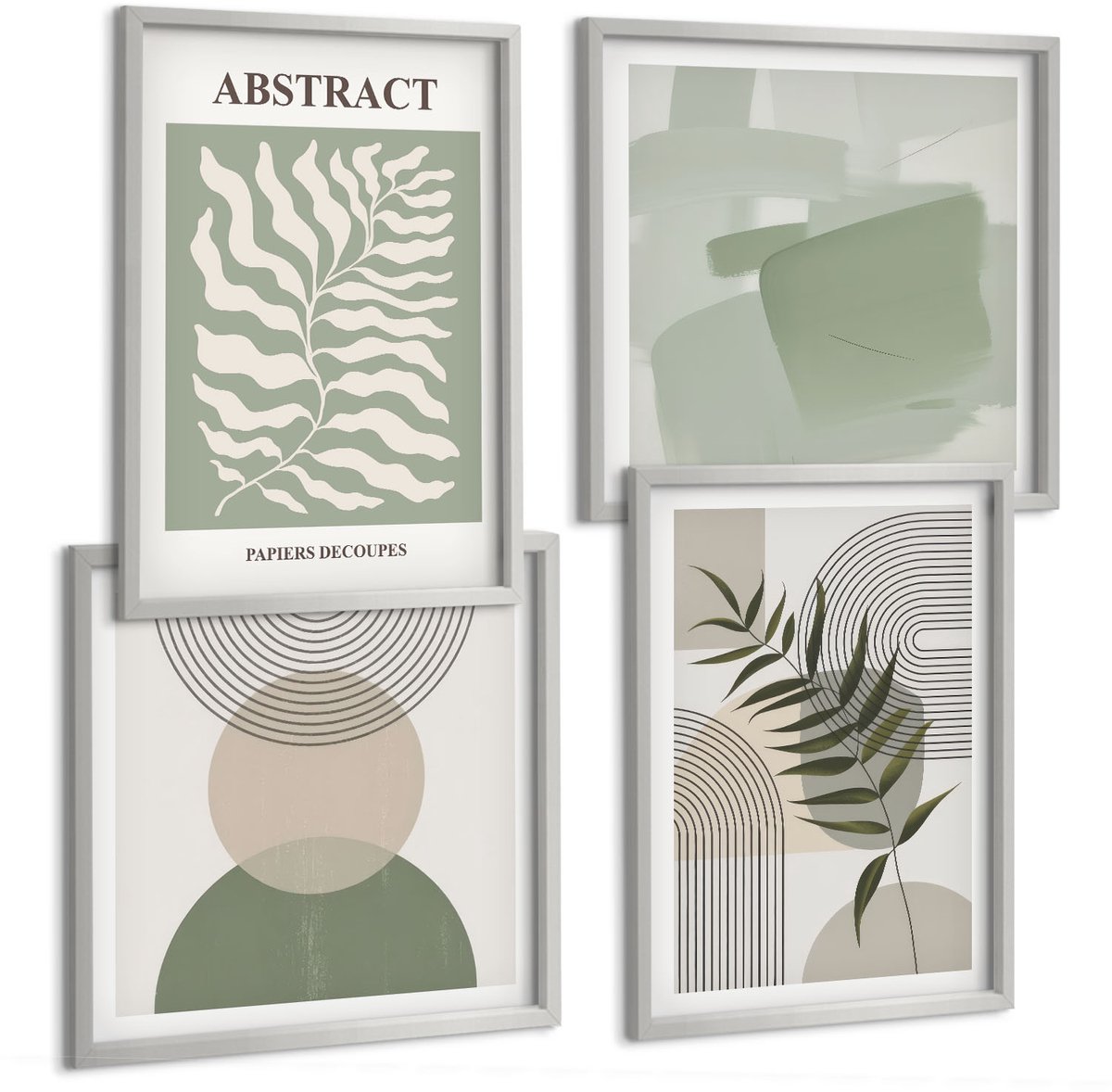 TULUP 4-Delige Schilderij Set - Botanische abstracte vormen in boho-rustieke stijl - 40 x 40 cm en 40 x 60 cm - Wanddecoratie - Schilderijen Set - Interieur - Stijlvolle Muurdecoratie Zilveren lijst