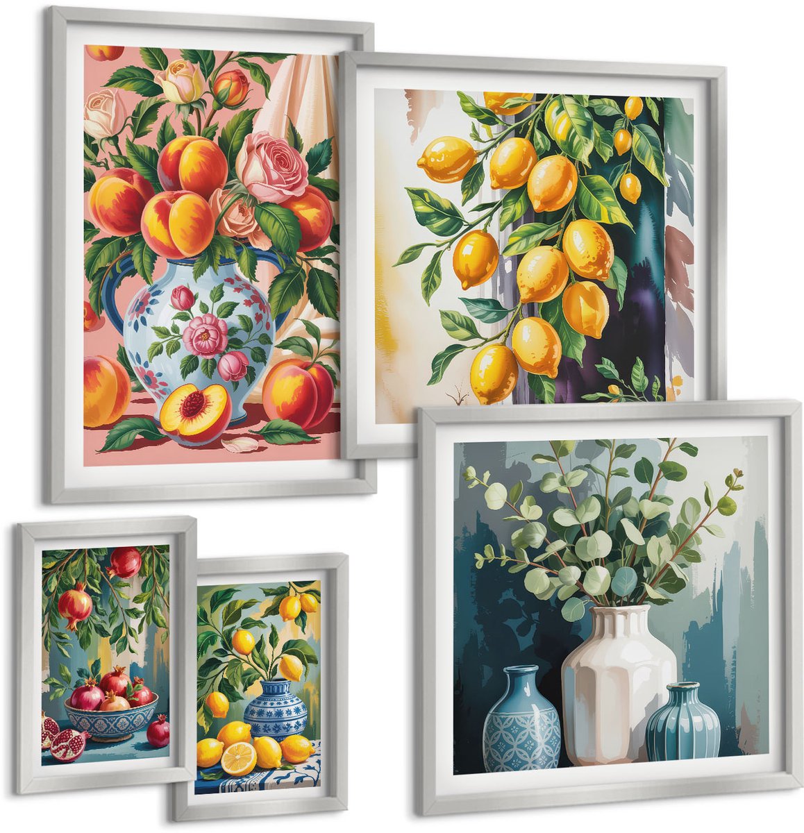 TULUP 4-Delige Schilderij Set - Fruitcomposities met bloemen en keramische vazen - 50 x 50 cm, 20 x 30 cm en 40 x 60 cm - Wanddecoratie - Schilderijen Set - Kantoor Zilveren lijst