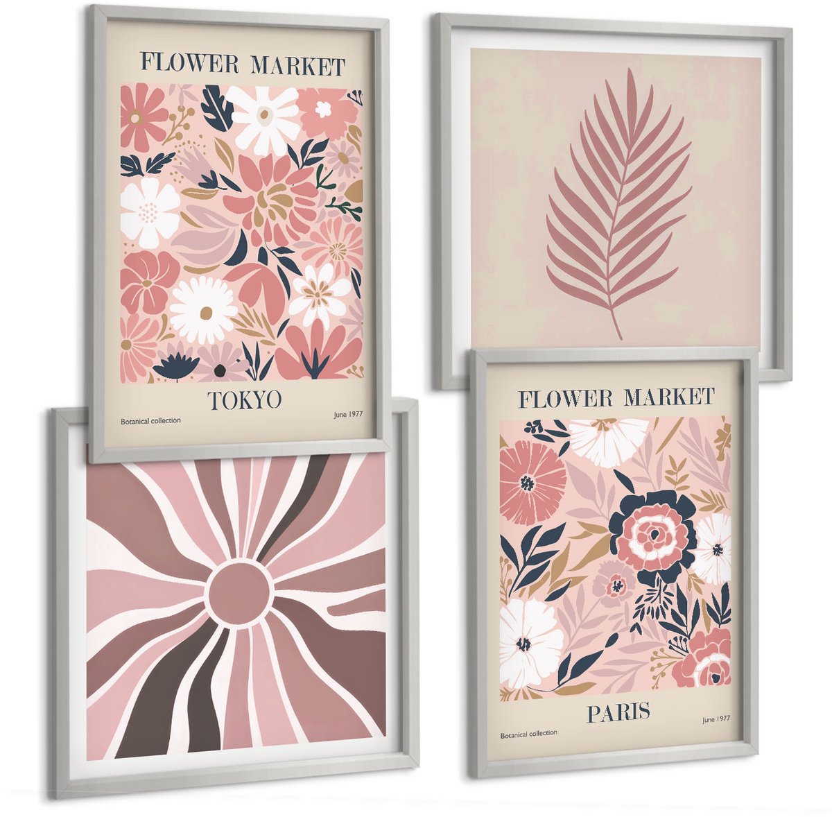 TULUP 4-Delige Schilderij Set - Bloemmotieven met bladeren en geometrische vormen - 40 x 40 cm en 40 x 60 cm - Moderne Wanddecoratie - Woonkamer - Decoratieve Schilderijen Zilveren lijst