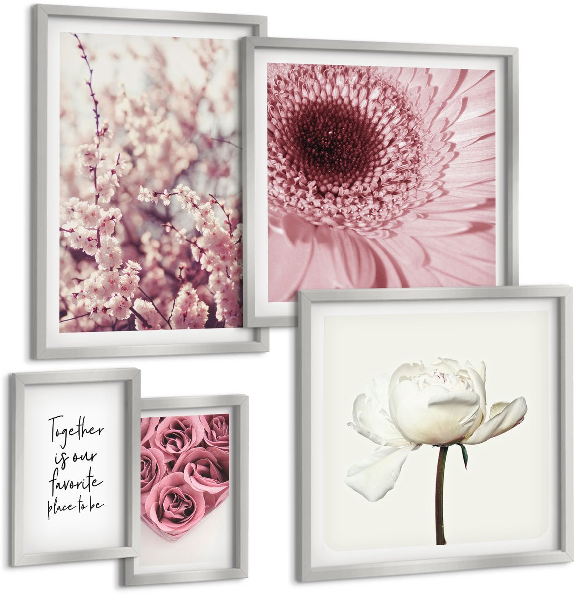 TULUP 4-Delige Schilderij Set - Bloemeninspiratie voor romantische interieuraccenten - 50 x 50 cm, 20 x 30 cm en 40 x 60 cm - Wanddecoratie - Moderne Interieurdecoratie Zilveren lijst