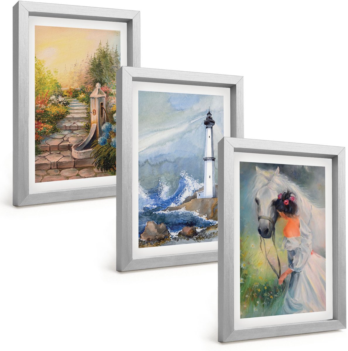 Tulup 4-Delige Schilderij Set - Natuurlandschap, vuurtoren en meisje met paard - 20 x 30 cm - Stijlvolle Wanddecoratie - Interieur - Woonkamer Decoratie