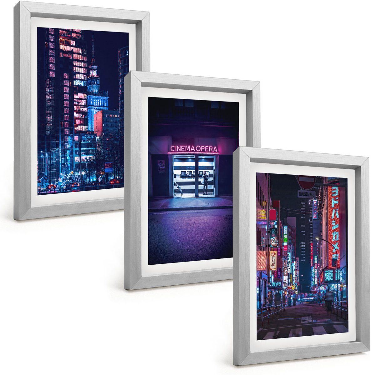 Tulup 4-Delige Schilderij Set - Nachtstad met neonlichten en bioscoopingang - 20 x 30 cm - Stijlvolle Muurdecoratie - Slaapkamer - Woonkamer Decoratie