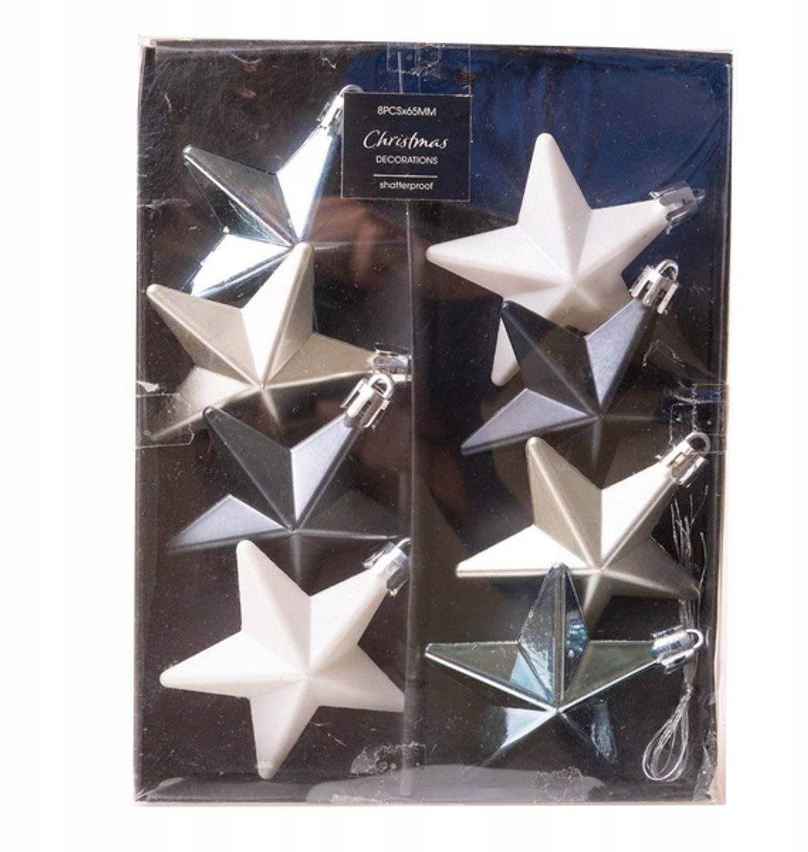 8 Kerstballen Sterren Blauw Wit Mat Glans - Kerstdecoratie
