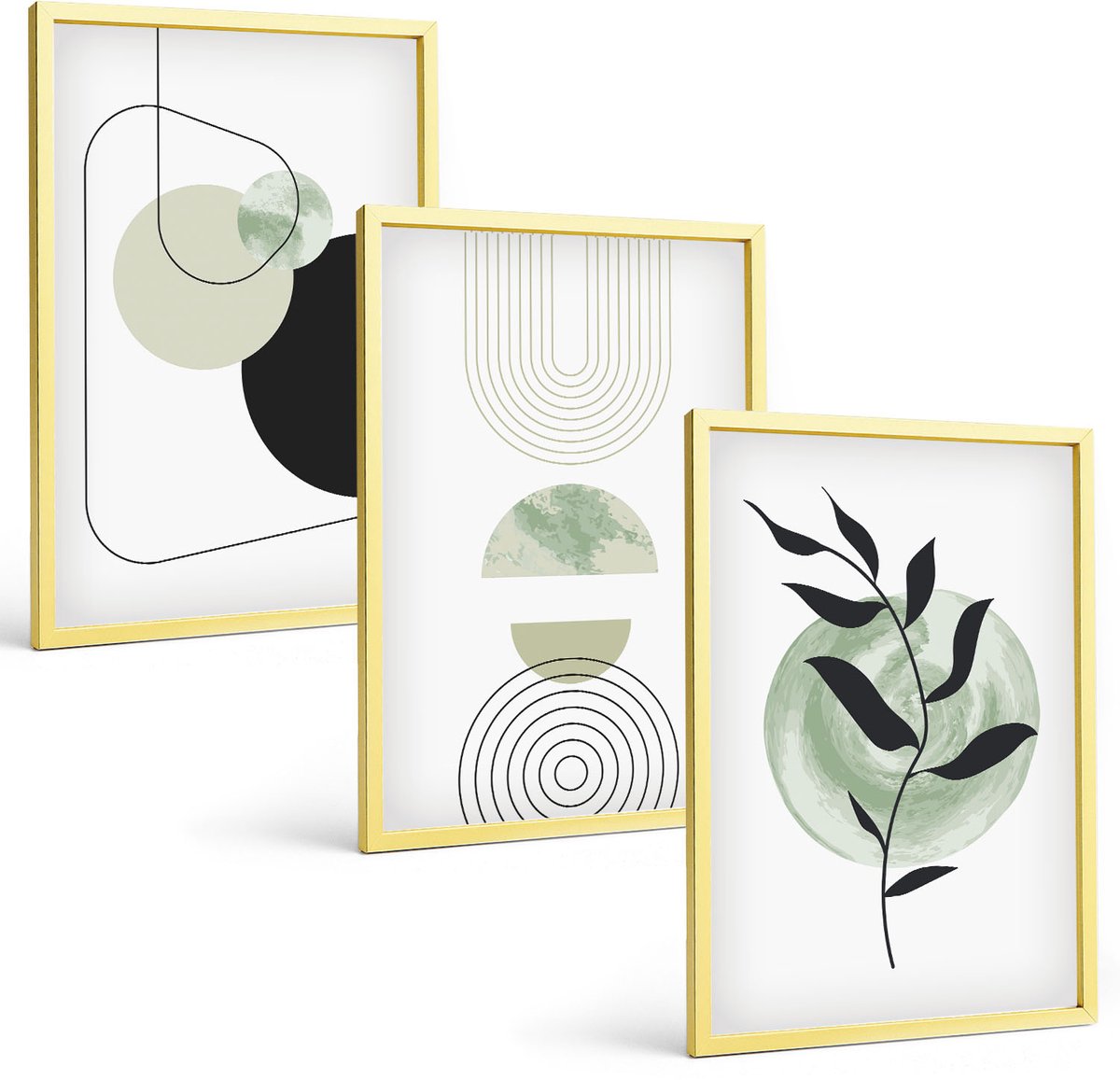TULUP 4-Delige Schilderij Set - Abstracte vormen en plantmotieven in groen - 40 x 60 cm - Muurdecoratie - Schilderijen Set - Woonkamer - Decoratieve Schilderijen Gouden lijst