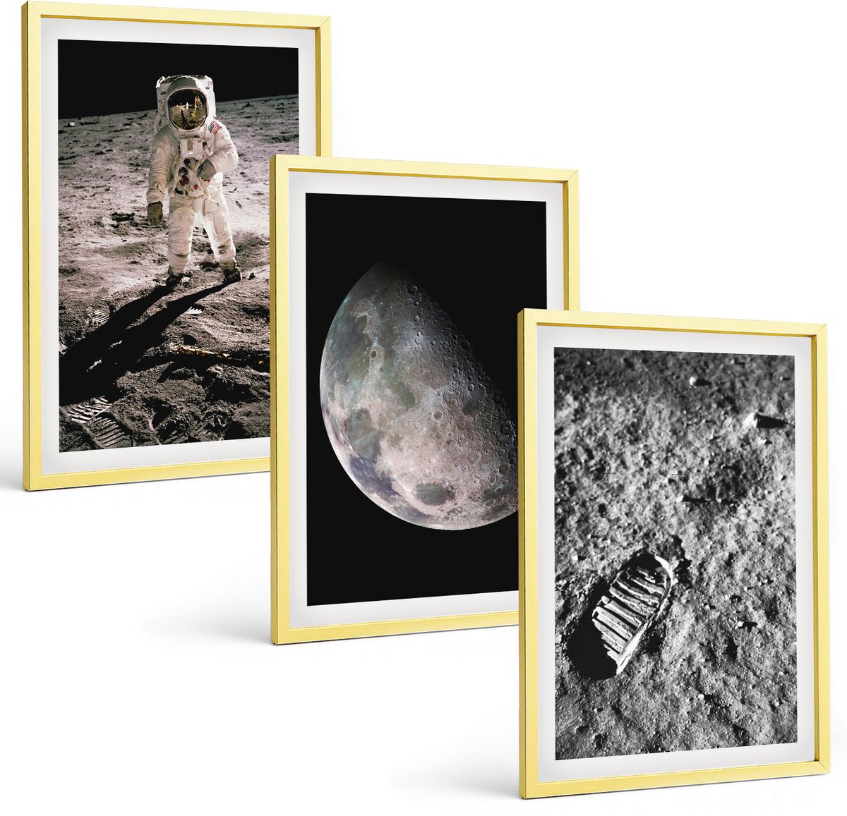 TULUP 4-Delige Schilderij Set - Foto's van astronautenvoetafdrukken op de maan - 40 x 60 cm - Muurdecoratie - Schilderijen Set - Woonkamer - Decoratieve Schilderijen Gouden lijst