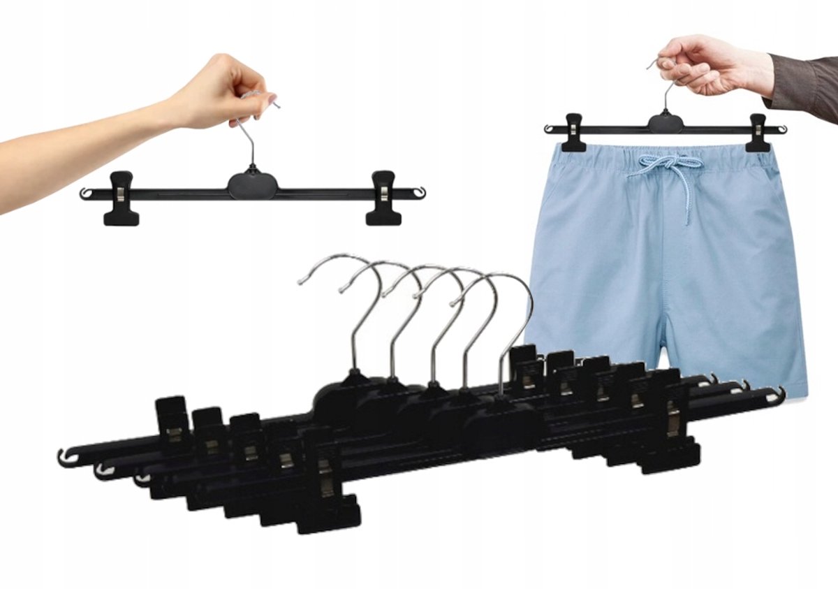 10x Kledinghangers met Klem - 40cm Zwart - Broeken & Rokken