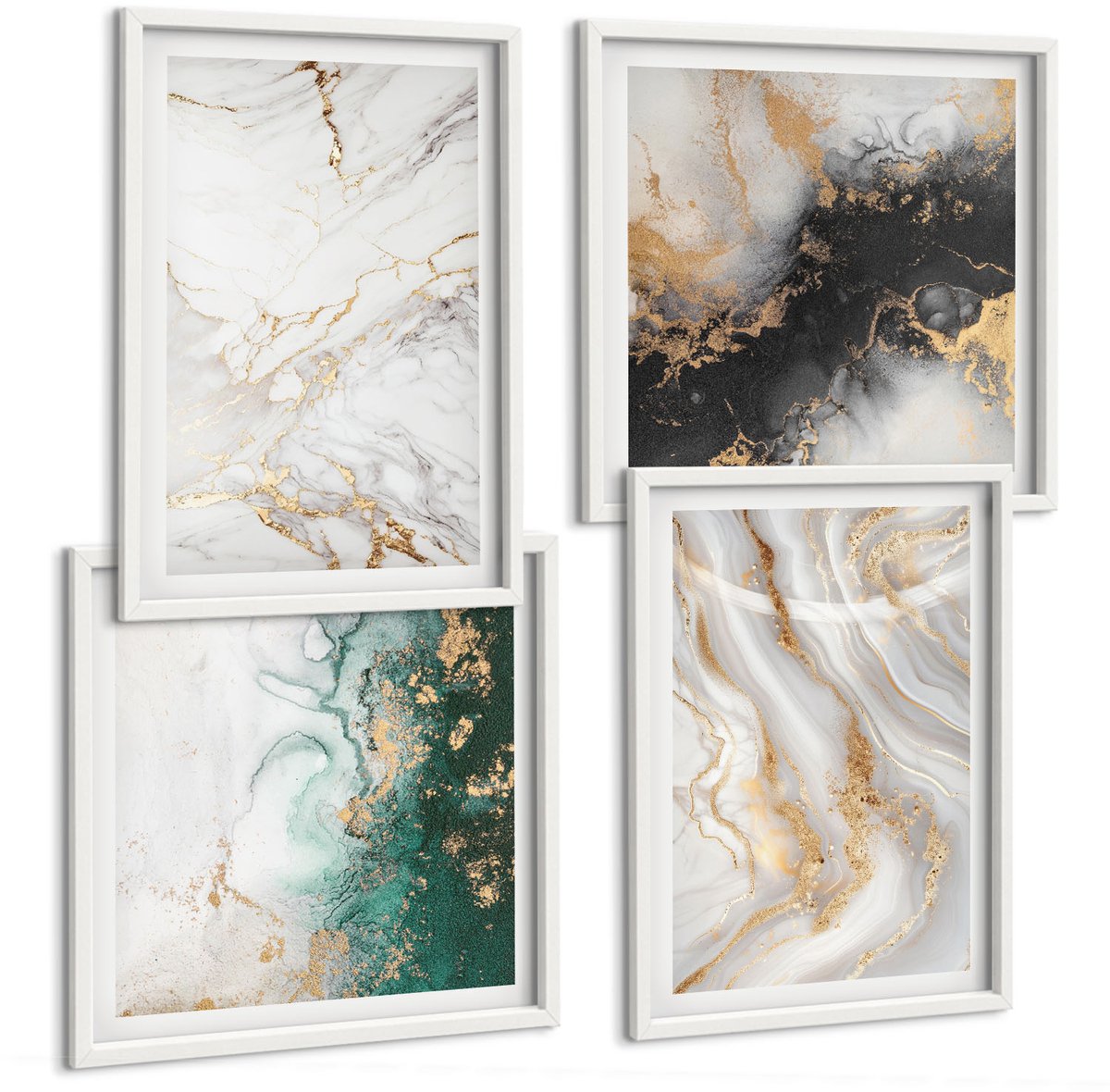 Tulup 4-Delige Schilderij Set - Abstracte patronen in tinten wit, zwart en groen. - 40x40 en 40x60 - Muurdecoratie - Wanddecoratie - Hal - Decoratieve Schilderijen