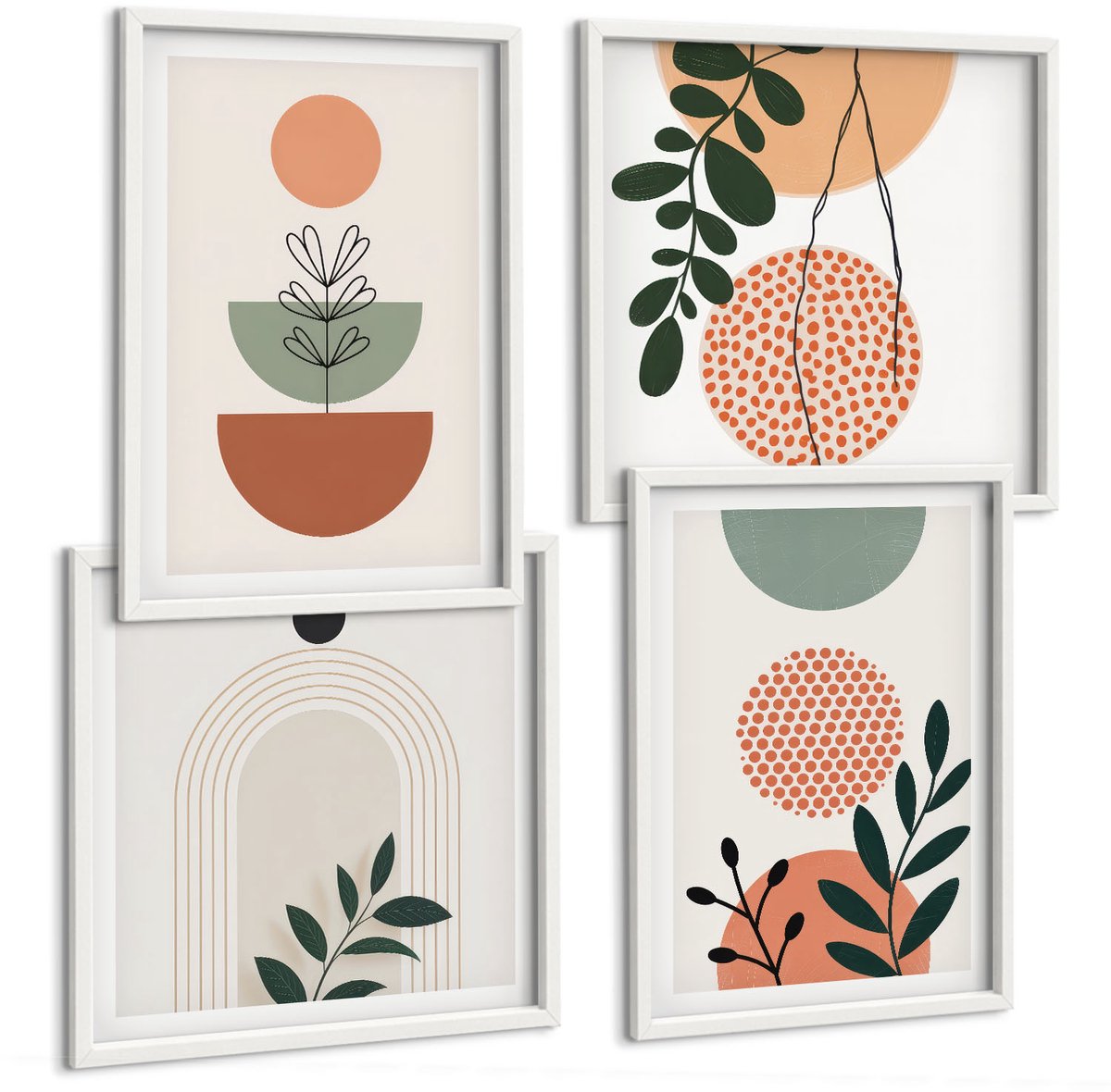 Tulup 4-Delige Schilderij Set - Plantmotieven in moderne vormen en kleuren - 40x40 en 40x60 - Moderne Wanddecoratie - Slaapkamer - Muurdecoratie