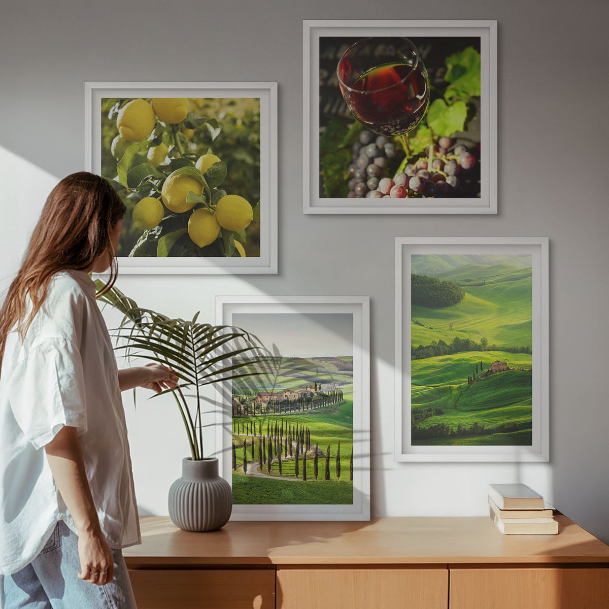 Tulup 4-Delige Schilderij Set - Italiaanse landschappen met citrusbomen en groene heuvels - 40x40 en 40x60 - Muurdecoratie - Schilderijen Set - Woonkamer - Decoratieve Schilderijen