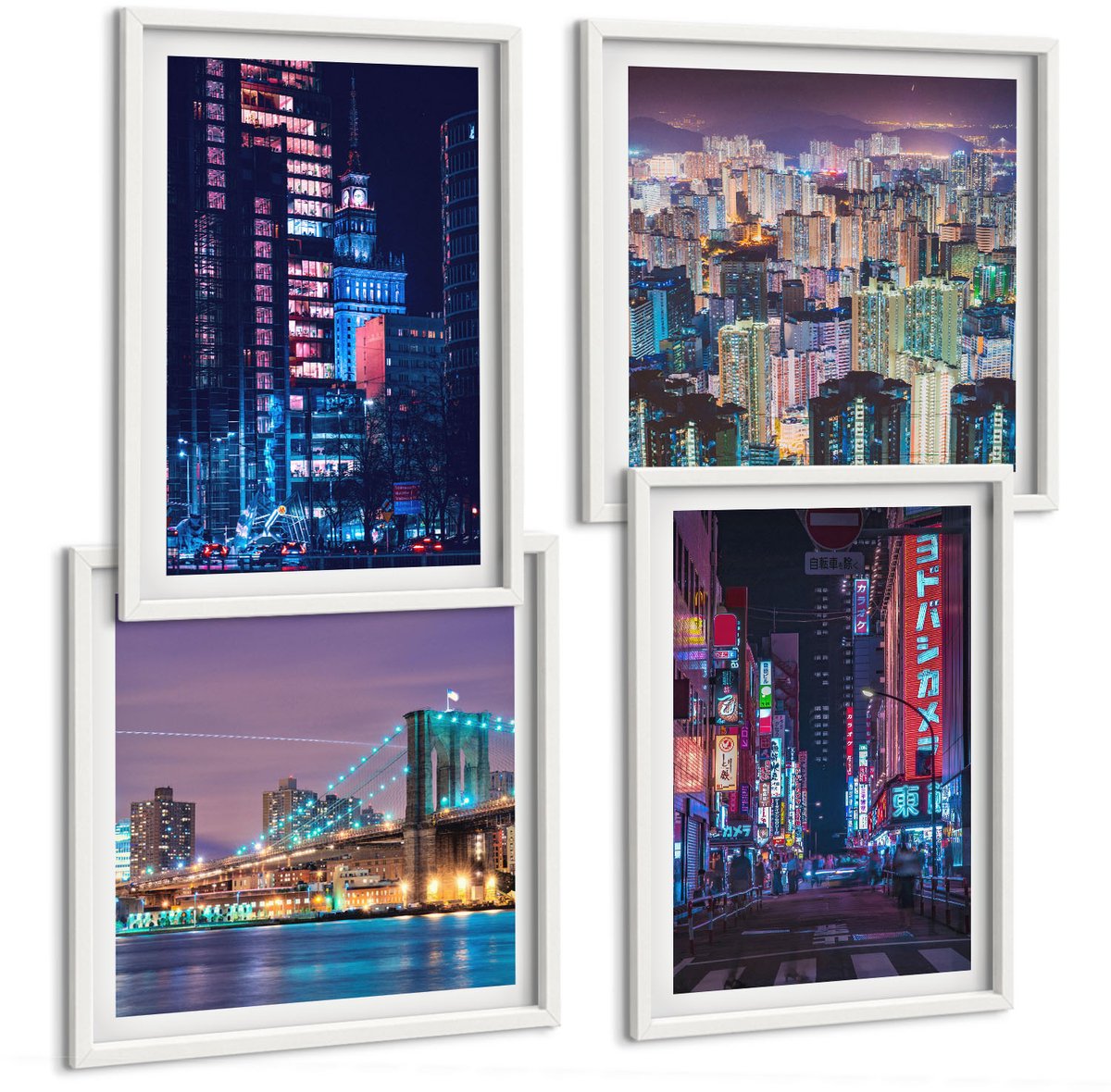 Tulup 4-Delige Schilderij Set - Nachtelijke stadsgezichten met neonlichten - 40x40 en 40x60 - Stijlvolle Muurdecoratie - Slaapkamer