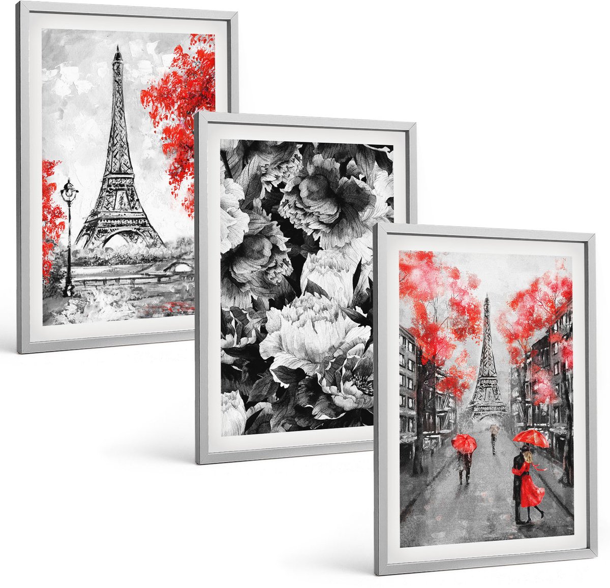 TULUP 4-Delige Schilderij Set - Eiffeltoren in grijs met rode accenten - 40 x 60 cm - Wanddecoratie - Muurdecoratie - Moderne Interieurdecoratie - Woonkamer Decoratie Zilveren lijst