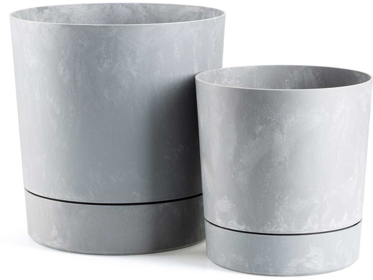 Set van 2 grijze betonnen plantenbakken met schotel, kunststof