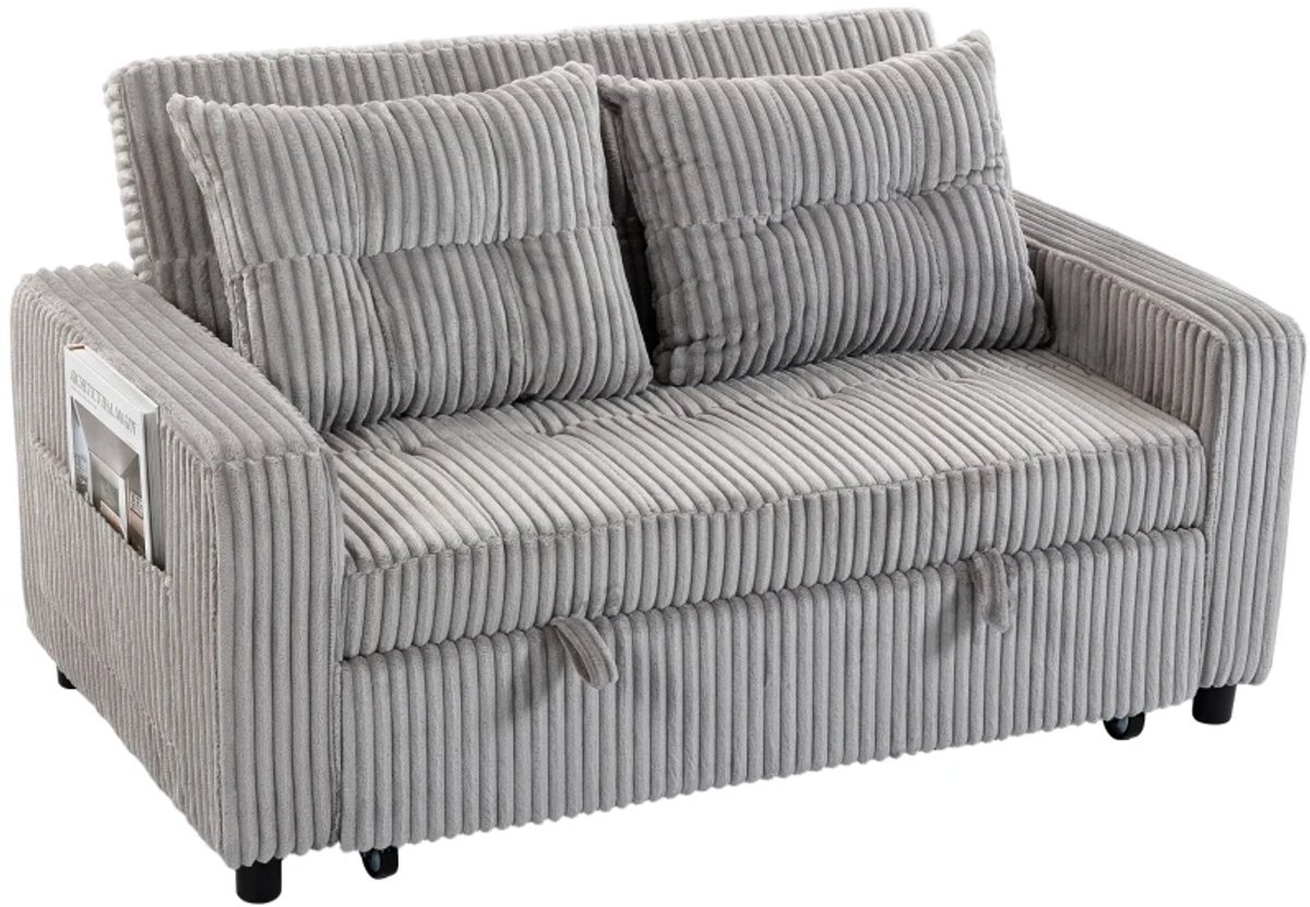 Slaapbank 2-zits - Corduroy hoes - Om te bouwen tot slaapbank - Inclusief 2 kussens - Zijvakken - 157 x 190 cm - Lichtgrijs