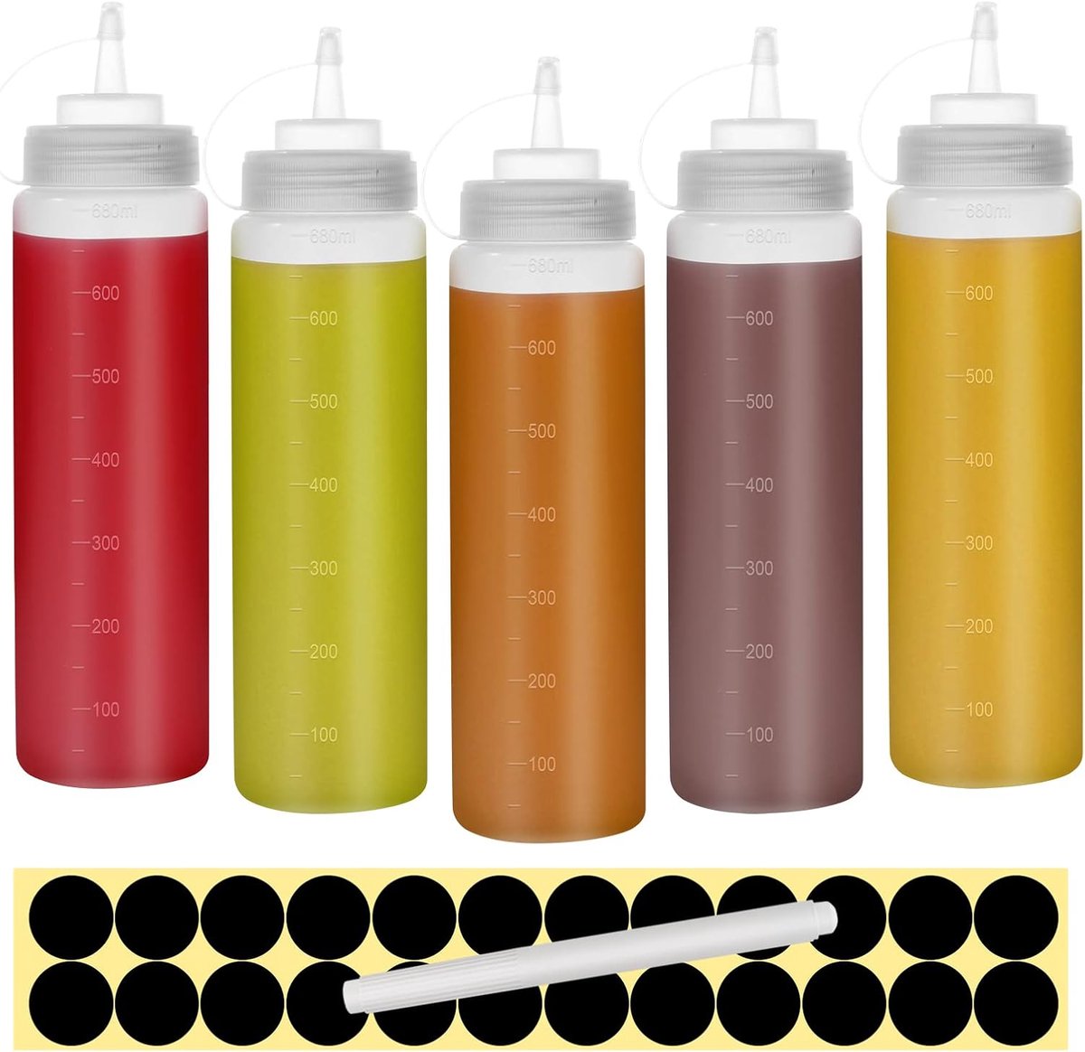 Squeeze flessen 22oz - 5-pack kunststof - met doppen en maatverdeling - ideaal voor sauzen - ShopVlot