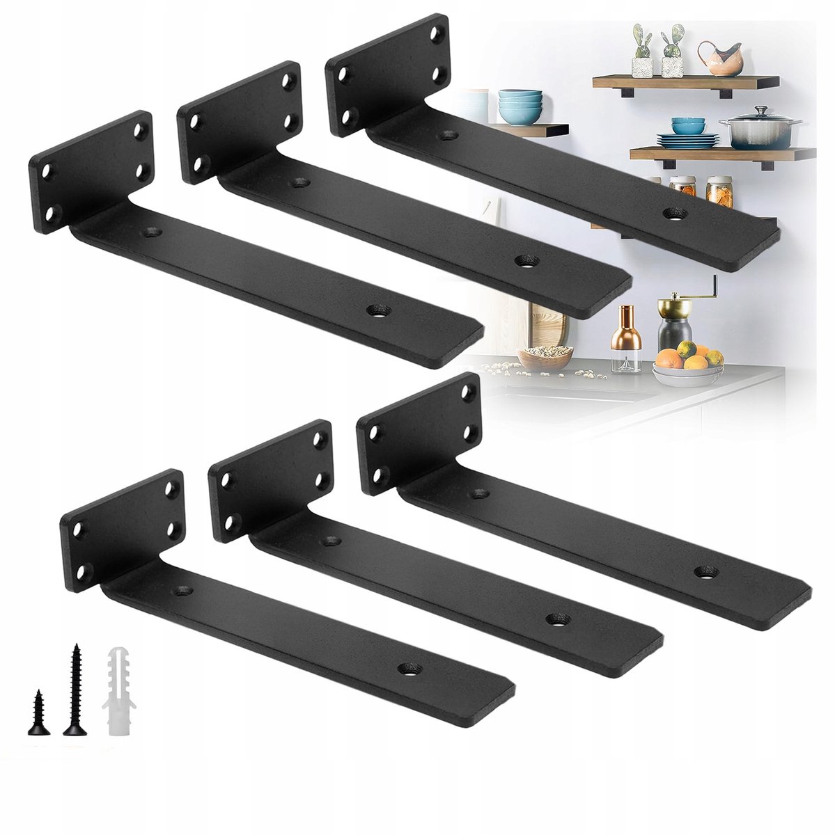 6x Zwarte L-vormige Plankdragers 75kg, 20cm, Inclusief Montageset