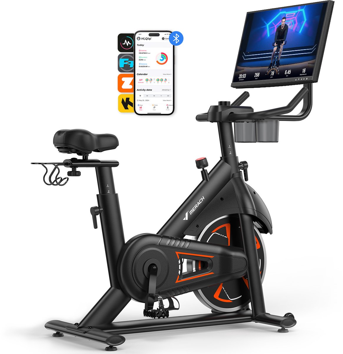 MERACH Smart Hometrainer Fiets - 21,5 Inch Draaibaar FHD Scherm - 16 Automatische Magnetische Weerstanden - Zwift & Kinomap - Max 150kg